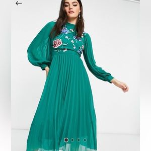 ASOS Embroidered high neck dress in forest green